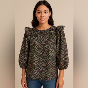 🌼 LOFT Boho Floral Puff-Sleeve Blouse – Size Medium Petite 🌼